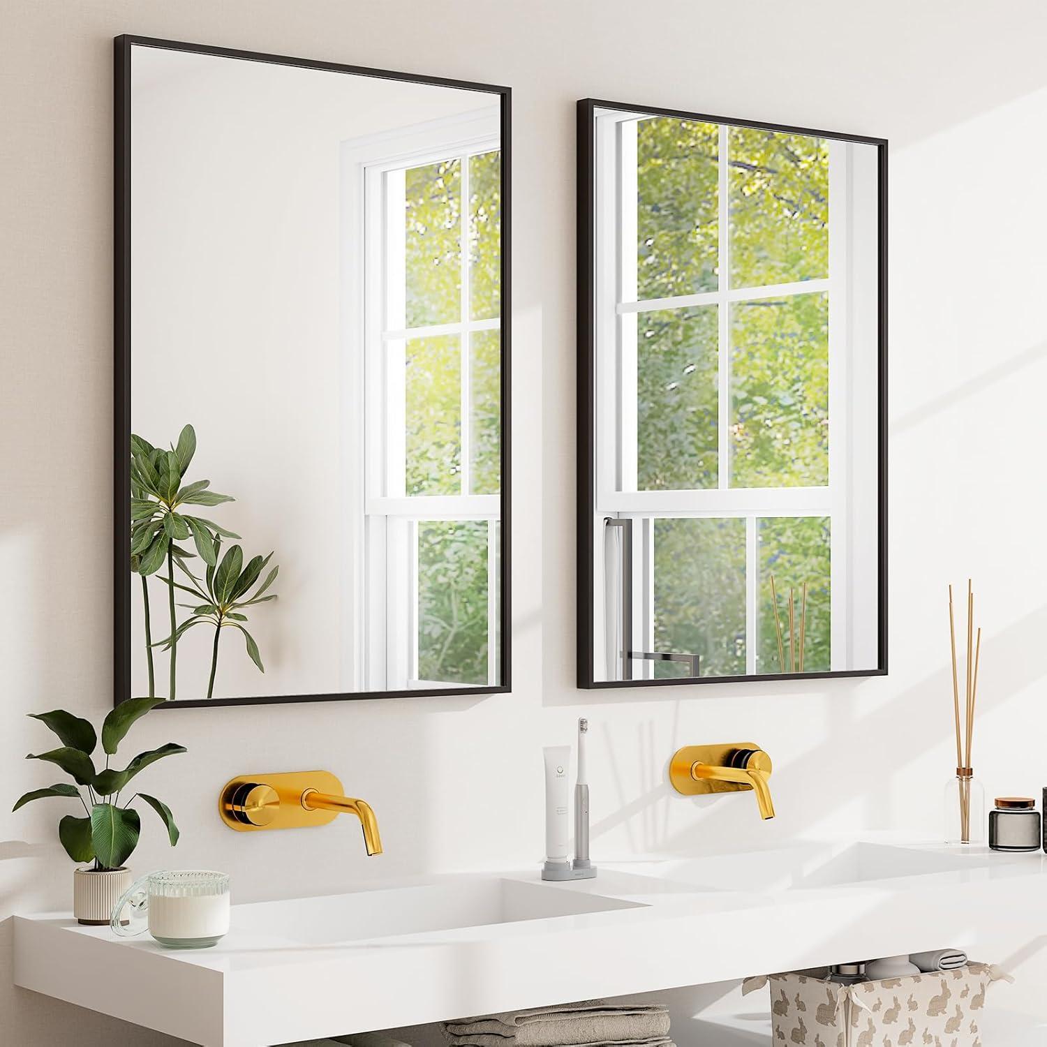 imageHARRITPURE 24x36 Rectangular Bathroom Mirror Wall Mirror Metal Frame Mirrors Horizontal or Vertical Hangs Simplicity Decor for Bedroom Living Room Bathroom Entryway Black