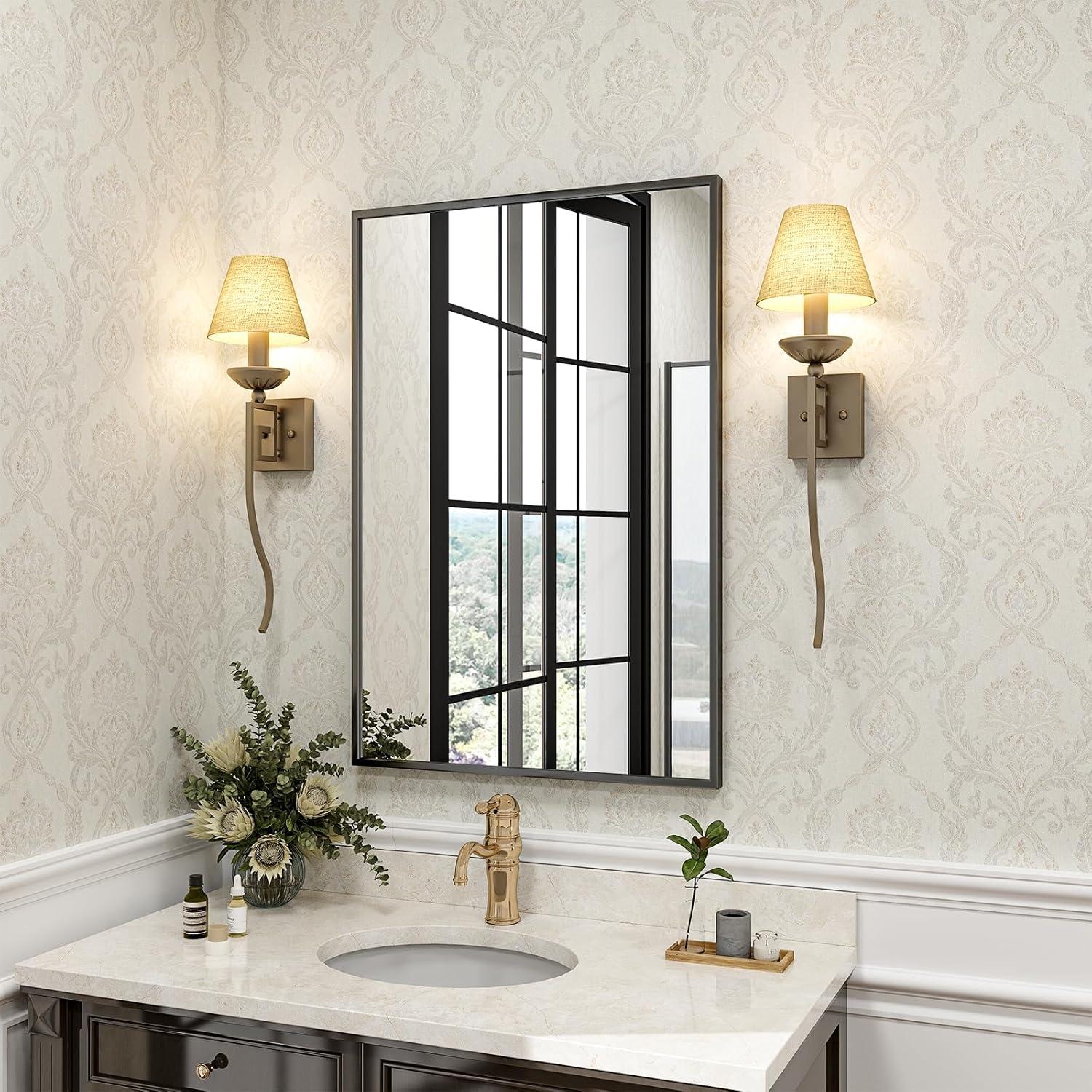 imageHARRITPURE 24x36 Rectangular Bathroom Mirror Wall Mirror Metal Frame Mirrors Horizontal or Vertical Hangs Simplicity Decor for Bedroom Living Room Bathroom Entryway Black