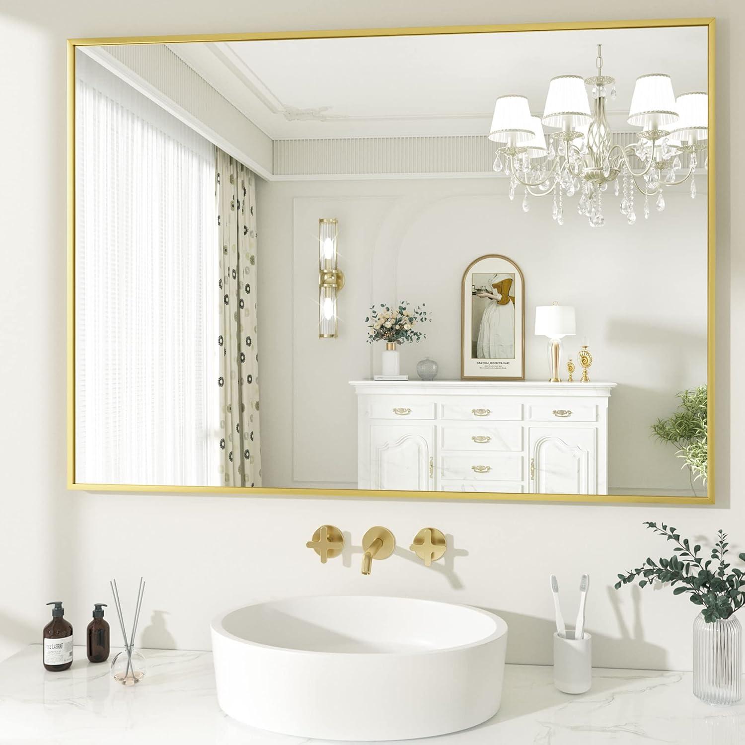 imageHARRITPURE 26x38 Bathroom Mirror Rectangular Wall Mirror Metal Frame Hanging Mirrors Horizontal or Vertical Hangs Simplicity Decor for Bedroom Living Room Bathroom Entryway Gold