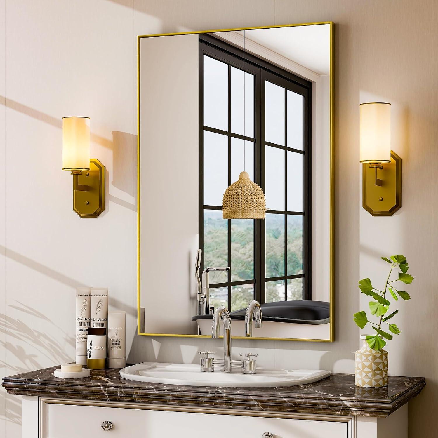 imageHARRITPURE 26x38 Bathroom Mirror Rectangular Wall Mirror Metal Frame Hanging Mirrors Horizontal or Vertical Hangs Simplicity Decor for Bedroom Living Room Bathroom Entryway Gold