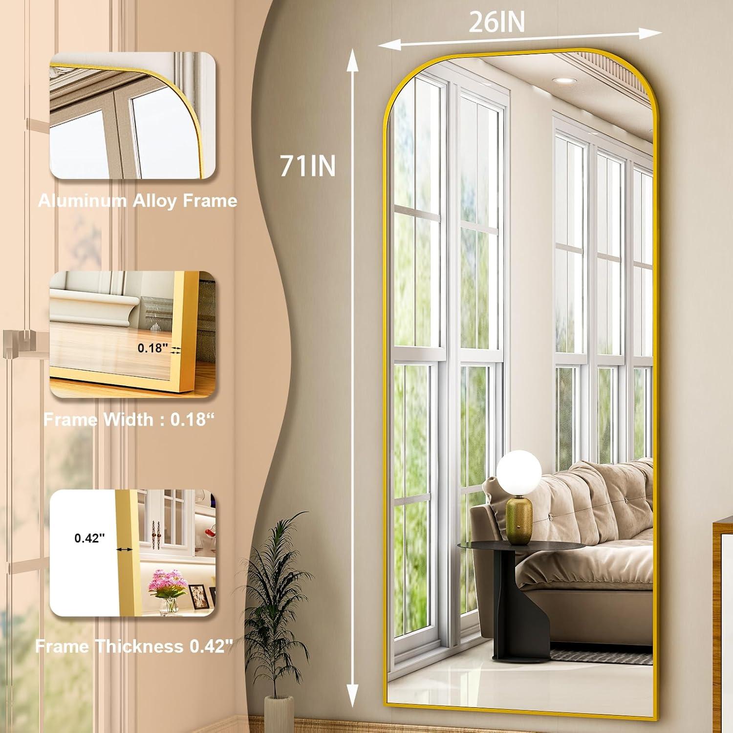 imageHARRITPURE 57quotx20quot Full Length Mirror Full Body Mirror Top Rounded Corner Aluminum Frame Hanging or Leaning Wall Floor Mirror with Stand for Living Room Bedroom CloakroomGoldGold