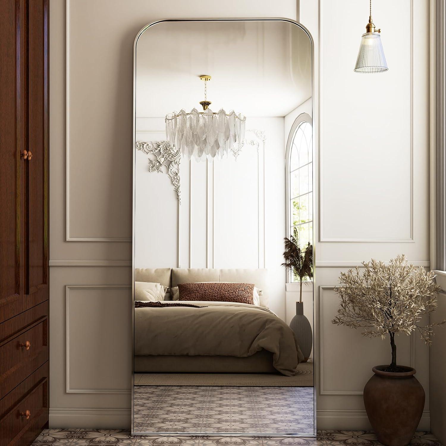 imageHARRITPURE 57quotx20quot Full Length Mirror Full Body Mirror Top Rounded Corner Aluminum Frame Hanging or Leaning Wall Floor Mirror with Stand for Living Room Bedroom CloakroomGoldSilver