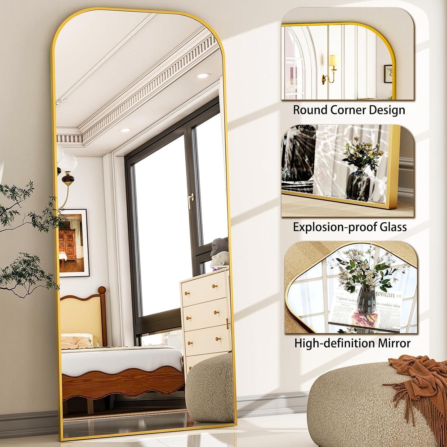imageHARRITPURE 57quotx20quot Full Length Mirror Full Body Mirror Top Rounded Corner Aluminum Frame Hanging or Leaning Wall Floor Mirror with Stand for Living Room Bedroom CloakroomGoldGold
