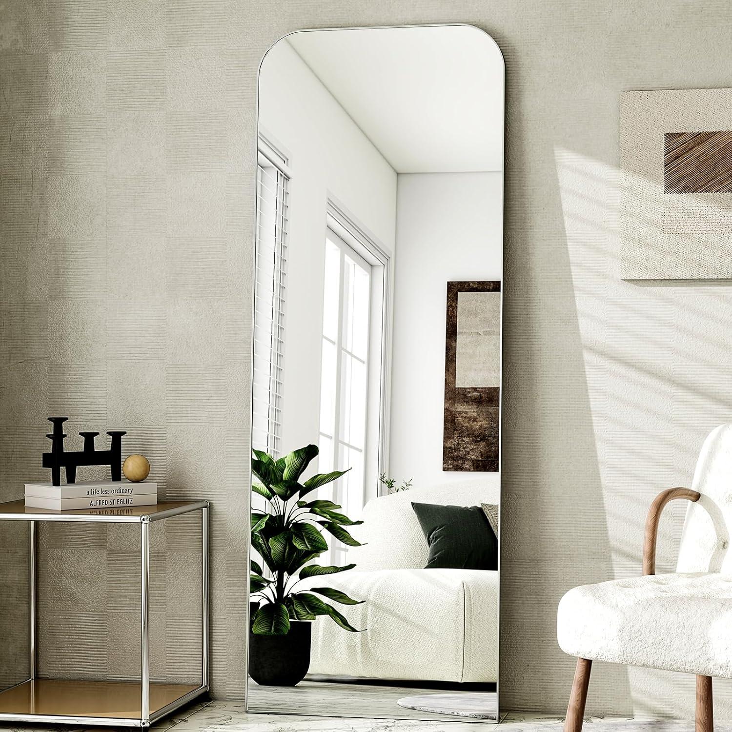 imageHARRITPURE 57quotx20quot Full Length Mirror Full Body Mirror Top Rounded Corner Aluminum Frame Hanging or Leaning Wall Floor Mirror with Stand for Living Room Bedroom CloakroomGoldSilver