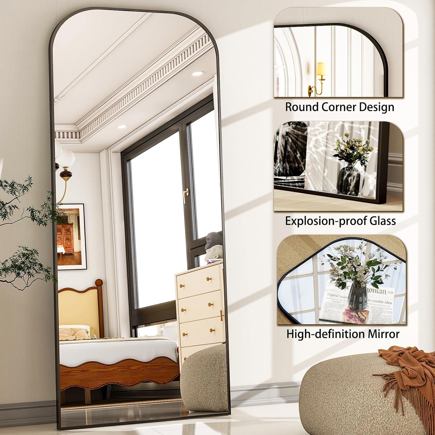 imageHARRITPURE 57quotx20quot Full Length Mirror Full Body Mirror Top Rounded Corner Aluminum Frame Hanging or Leaning Wall Floor Mirror with Stand for Living Room Bedroom CloakroomGoldBlack