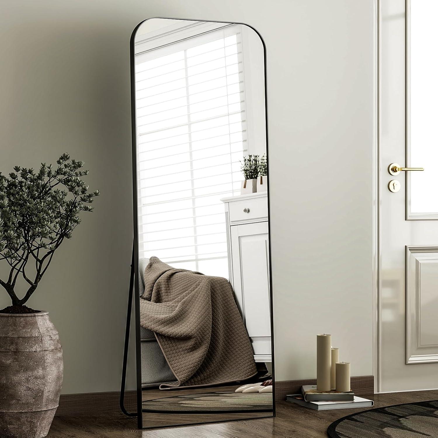 imageHARRITPURE 57quotx20quot Full Length Mirror Full Body Mirror Top Rounded Corner Aluminum Frame Hanging or Leaning Wall Floor Mirror with Stand for Living Room Bedroom CloakroomGoldBlack