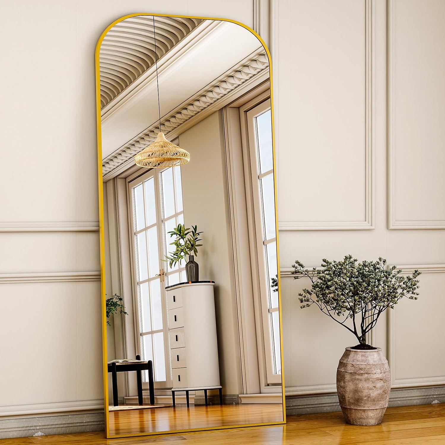 imageHARRITPURE 57quotx20quot Full Length Mirror Full Body Mirror Top Rounded Corner Aluminum Frame Hanging or Leaning Wall Floor Mirror with Stand for Living Room Bedroom CloakroomGoldGold