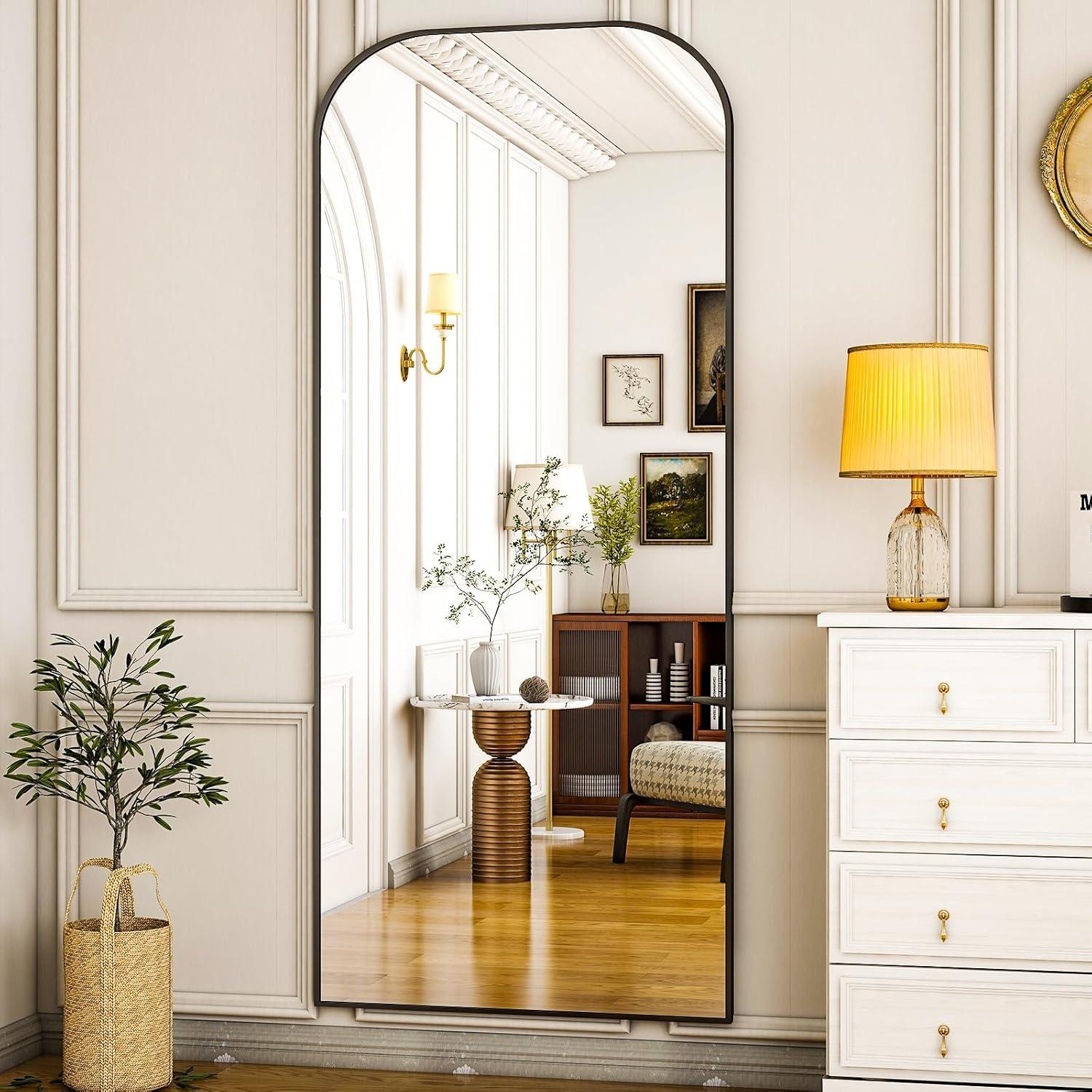 imageHARRITPURE 57quotx20quot Full Length Mirror Full Body Mirror Top Rounded Corner Aluminum Frame Hanging or Leaning Wall Floor Mirror with Stand for Living Room Bedroom CloakroomGoldBlack