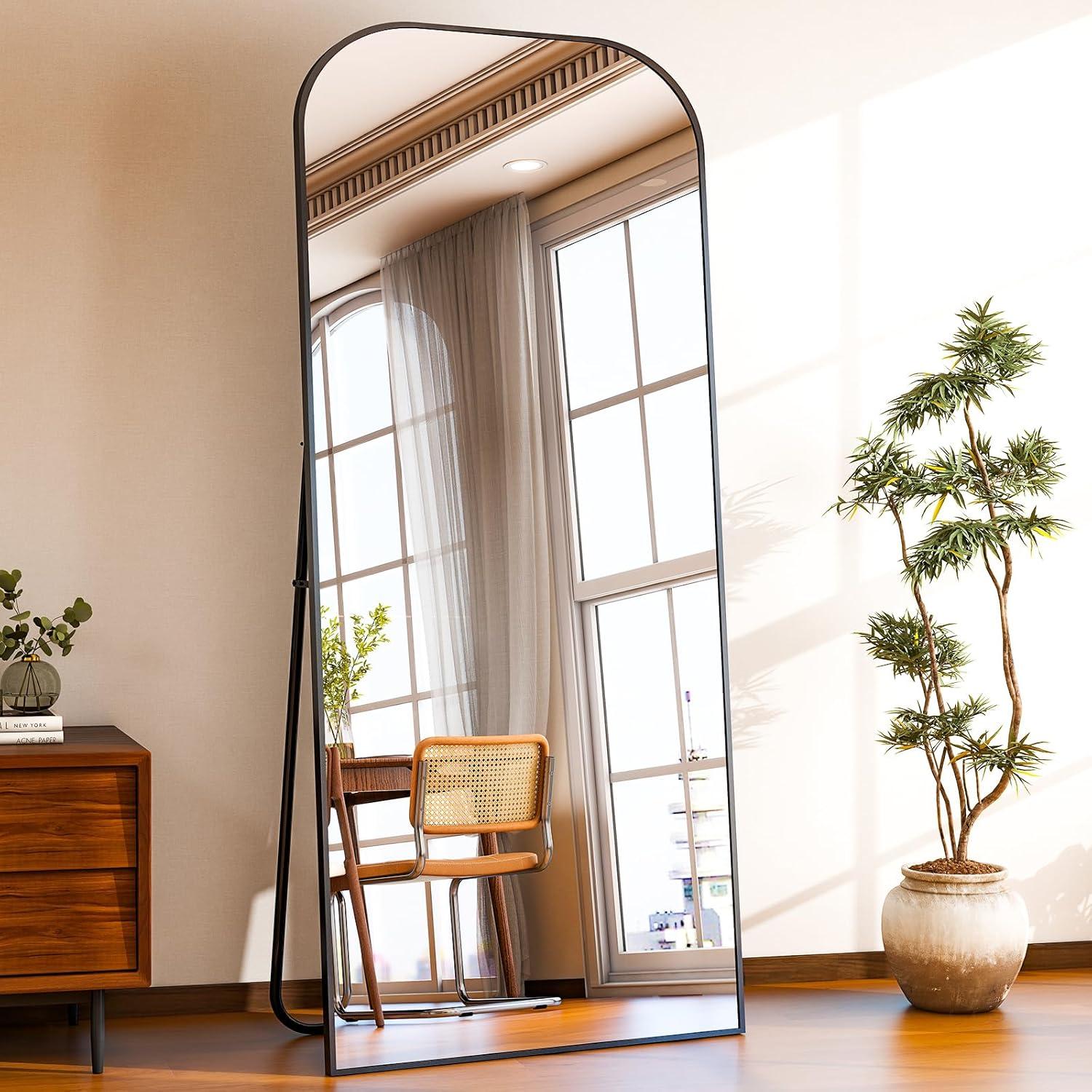 imageHARRITPURE 57quotx20quot Full Length Mirror Full Body Mirror Top Rounded Corner Aluminum Frame Hanging or Leaning Wall Floor Mirror with Stand for Living Room Bedroom CloakroomGoldBlack