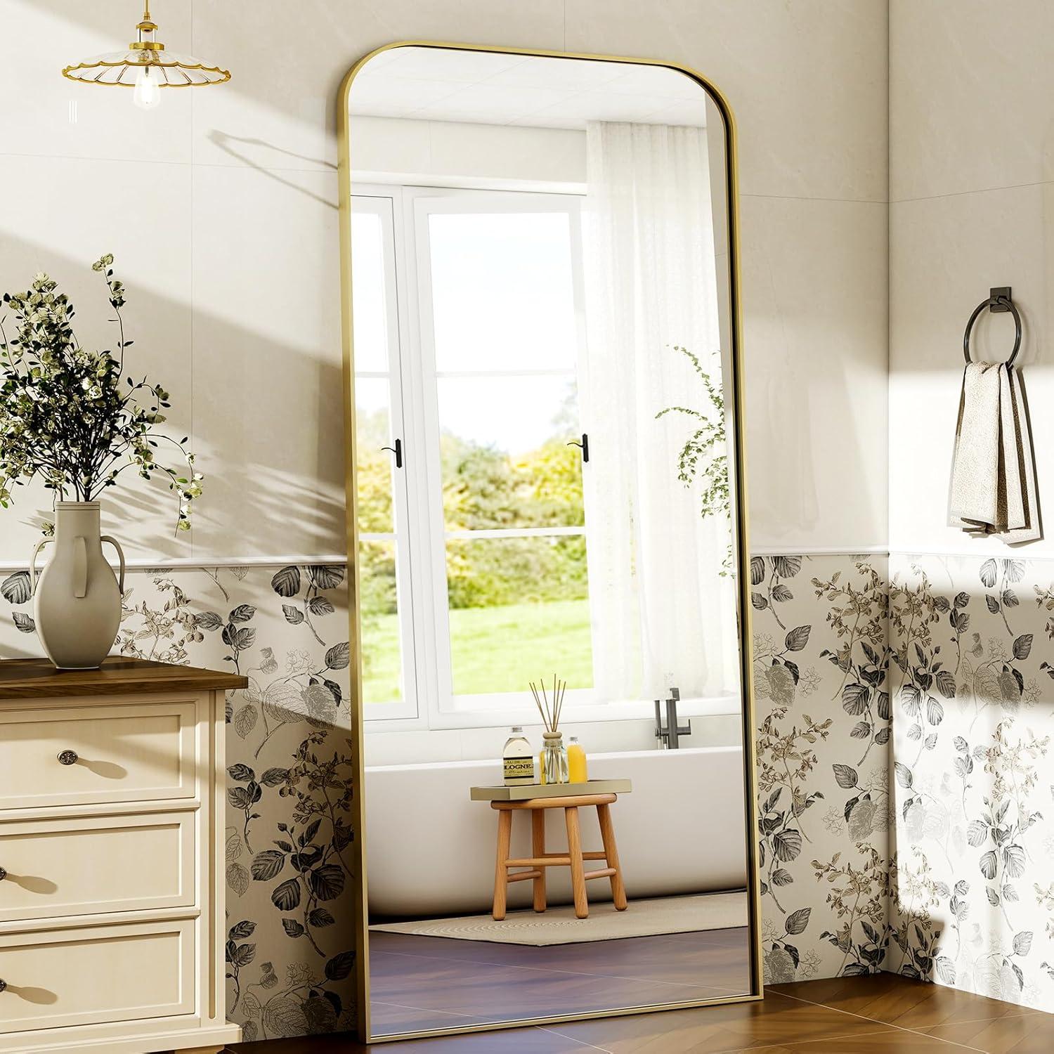 imageHARRITPURE 57quotx20quot Full Length Mirror Full Body Mirror Top Rounded Corner Aluminum Frame Hanging or Leaning Wall Floor Mirror with Stand for Living Room Bedroom CloakroomGoldGold