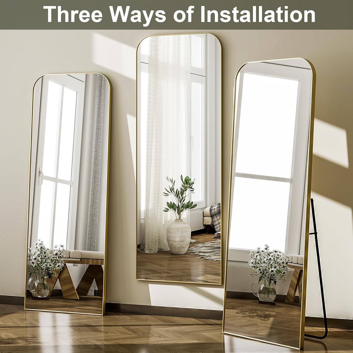 imageHARRITPURE 57quotx20quot Full Length Mirror Full Body Mirror Top Rounded Corner Aluminum Frame Hanging or Leaning Wall Floor Mirror with Stand for Living Room Bedroom CloakroomGoldGold