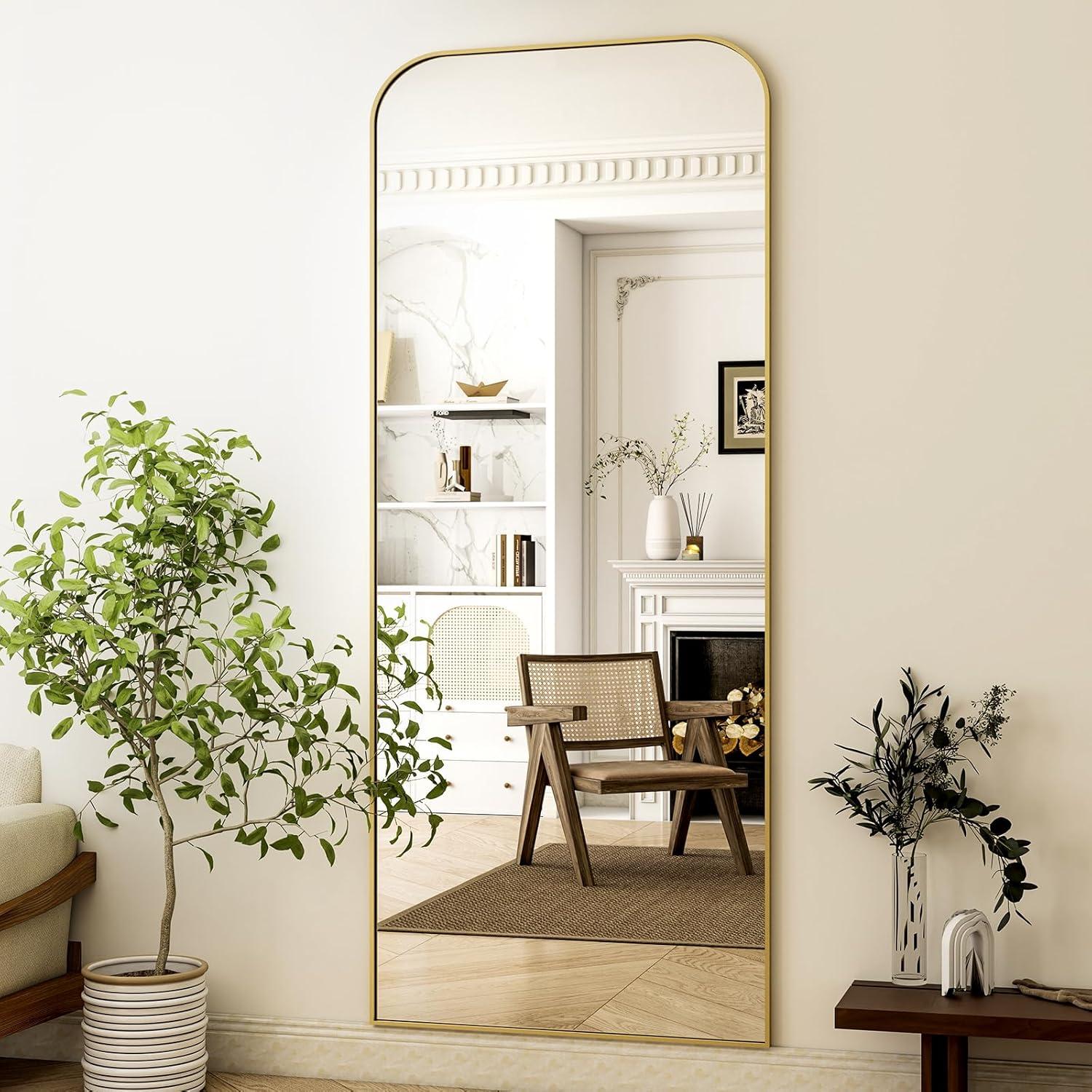 imageHARRITPURE 57quotx20quot Full Length Mirror Full Body Mirror Top Rounded Corner Aluminum Frame Hanging or Leaning Wall Floor Mirror with Stand for Living Room Bedroom CloakroomGoldGold