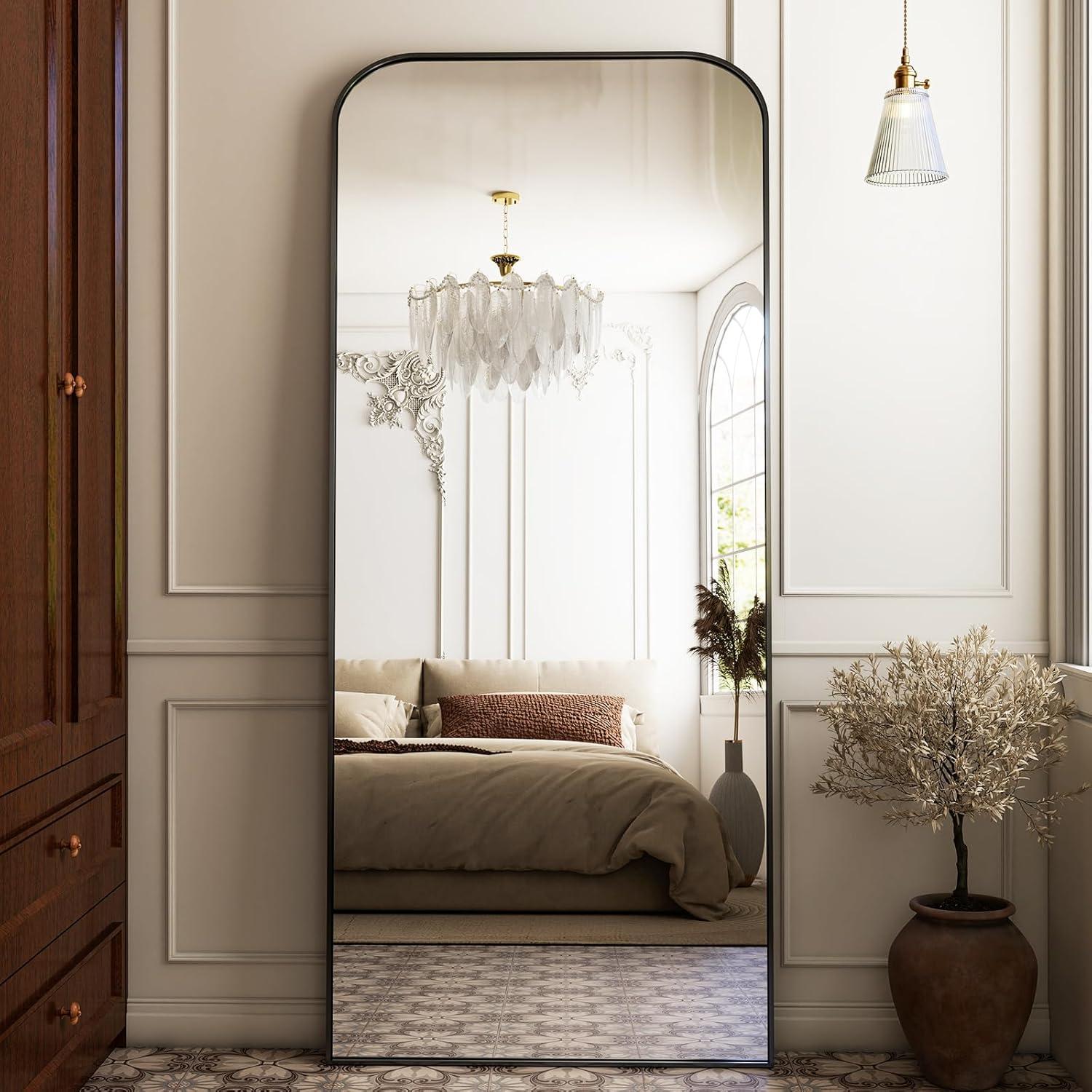 imageHARRITPURE 57quotx20quot Full Length Mirror Full Body Mirror Top Rounded Corner Aluminum Frame Hanging or Leaning Wall Floor Mirror with Stand for Living Room Bedroom CloakroomGoldBlack