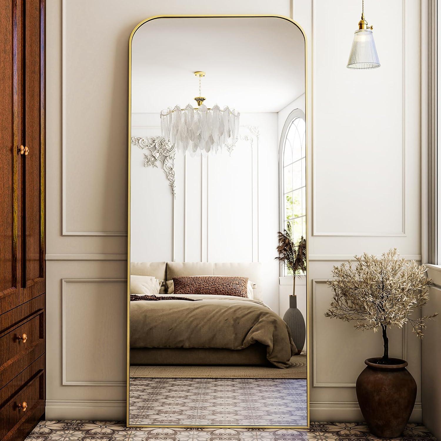 imageHARRITPURE 57quotx20quot Full Length Mirror Full Body Mirror Top Rounded Corner Aluminum Frame Hanging or Leaning Wall Floor Mirror with Stand for Living Room Bedroom CloakroomGoldGold