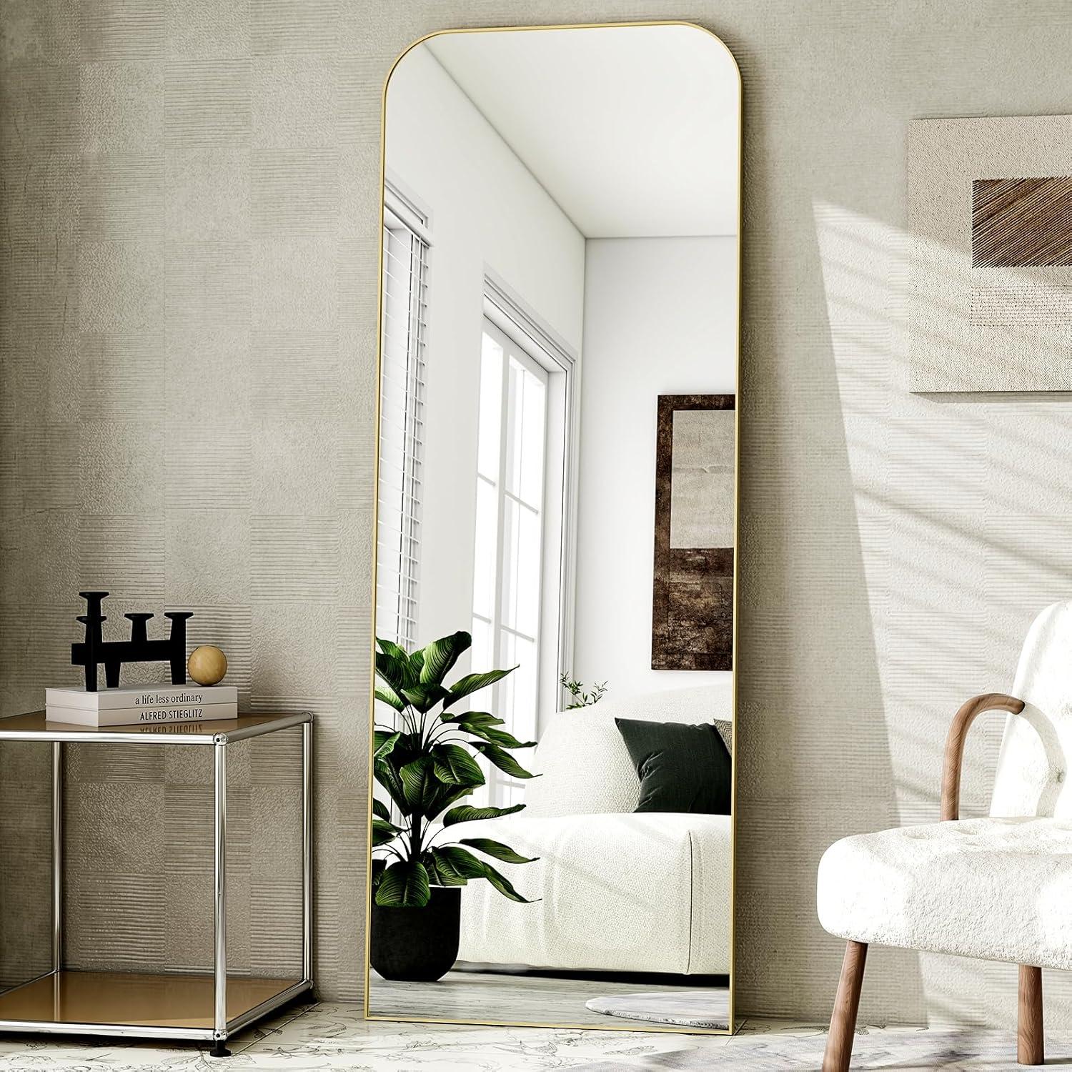 imageHARRITPURE 57quotx20quot Full Length Mirror Full Body Mirror Top Rounded Corner Aluminum Frame Hanging or Leaning Wall Floor Mirror with Stand for Living Room Bedroom CloakroomGoldGold