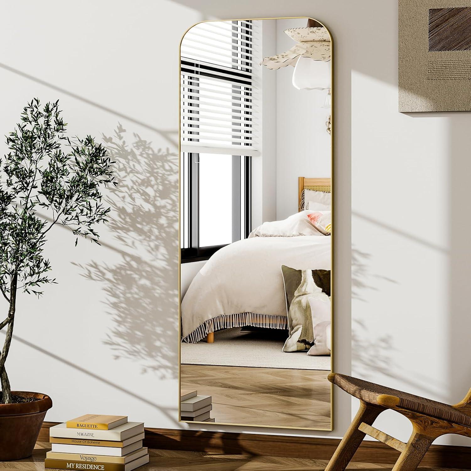 imageHARRITPURE 57quotx20quot Full Length Mirror Full Body Mirror Top Rounded Corner Aluminum Frame Hanging or Leaning Wall Floor Mirror with Stand for Living Room Bedroom CloakroomGoldGold