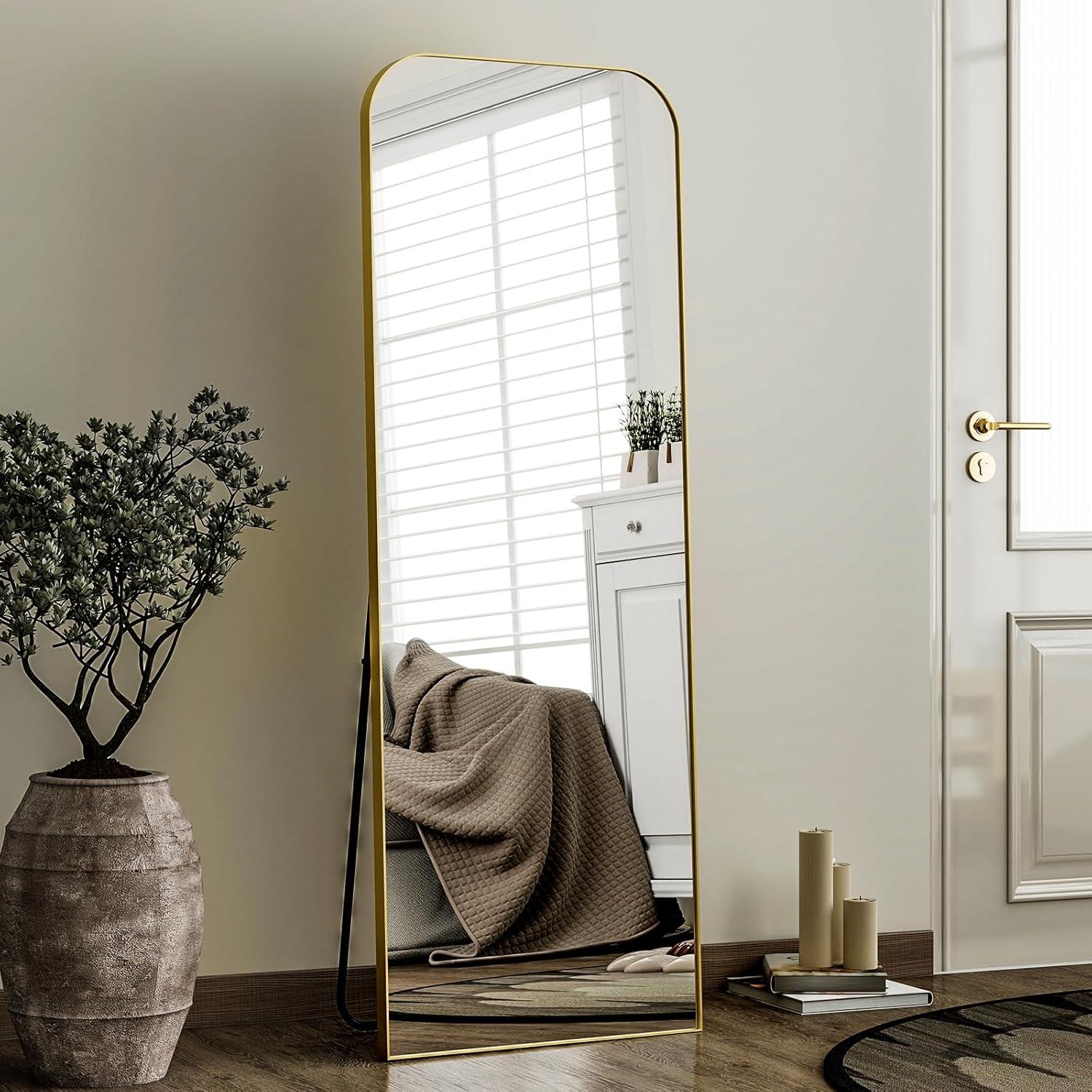 imageHARRITPURE 57quotx20quot Full Length Mirror Full Body Mirror Top Rounded Corner Aluminum Frame Hanging or Leaning Wall Floor Mirror with Stand for Living Room Bedroom CloakroomGoldGold