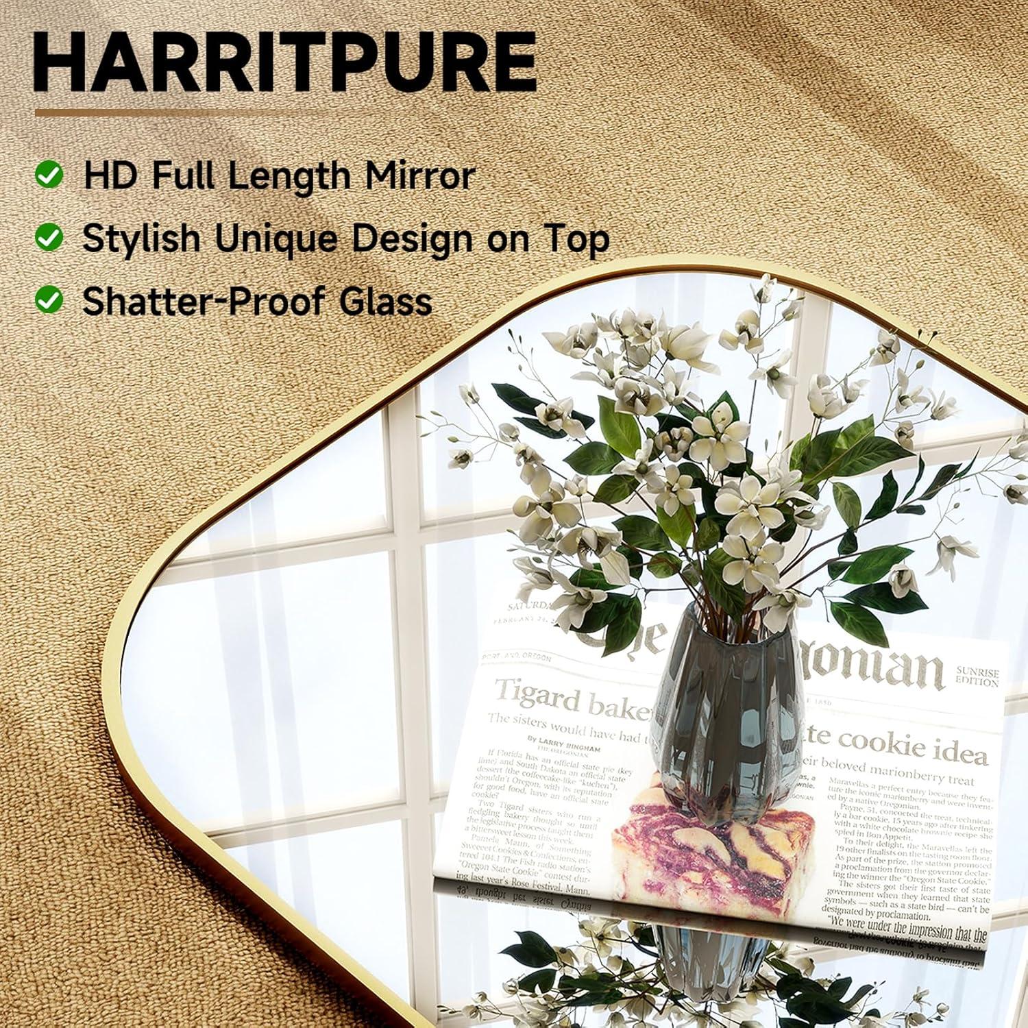 imageHARRITPURE 57quotx20quot Full Length Mirror Full Body Mirror Top Rounded Corner Aluminum Frame Hanging or Leaning Wall Floor Mirror with Stand for Living Room Bedroom CloakroomGoldGold