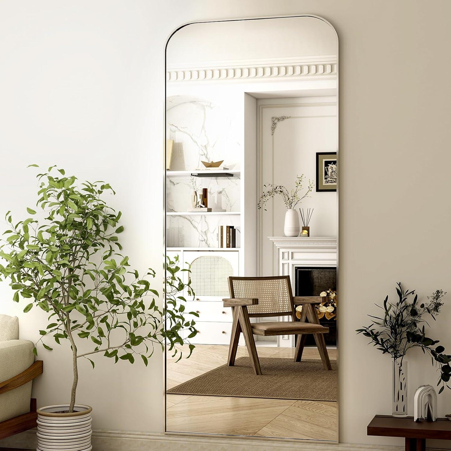 imageHARRITPURE 57quotx20quot Full Length Mirror Full Body Mirror Top Rounded Corner Aluminum Frame Hanging or Leaning Wall Floor Mirror with Stand for Living Room Bedroom CloakroomGoldSilver