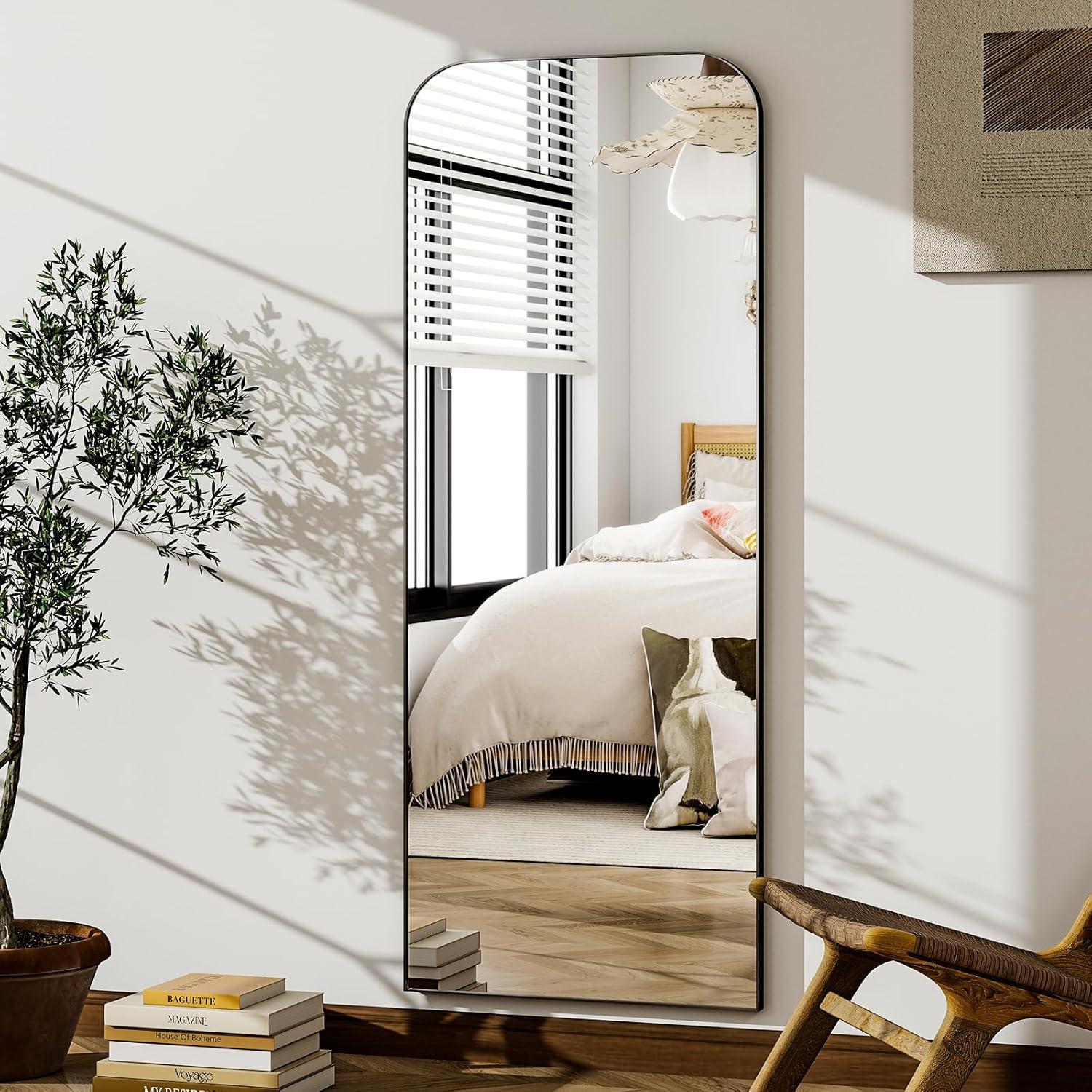 imageHARRITPURE 57quotx20quot Full Length Mirror Full Body Mirror Top Rounded Corner Aluminum Frame Hanging or Leaning Wall Floor Mirror with Stand for Living Room Bedroom CloakroomGoldBlack