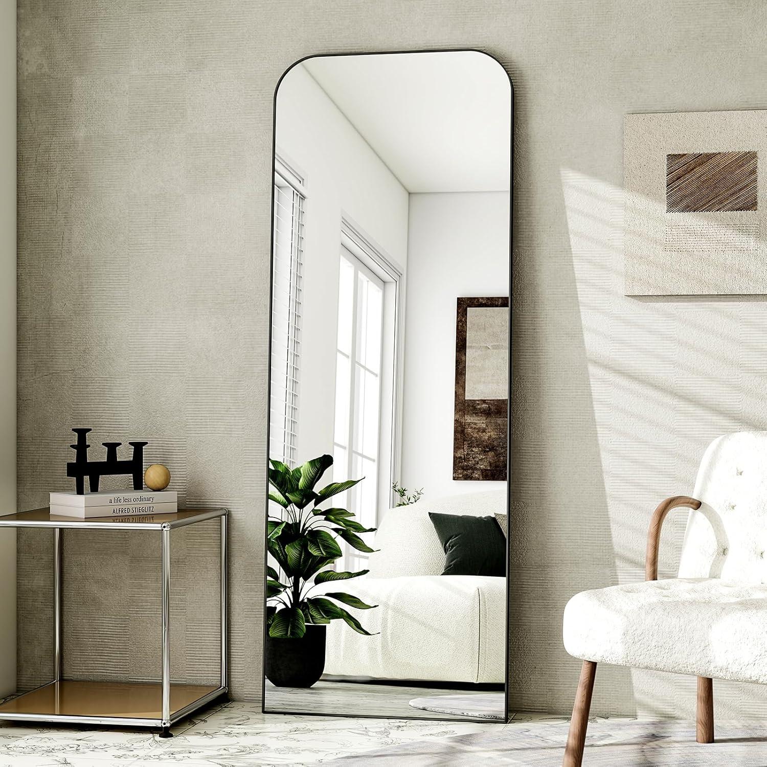 imageHARRITPURE 57quotx20quot Full Length Mirror Full Body Mirror Top Rounded Corner Aluminum Frame Hanging or Leaning Wall Floor Mirror with Stand for Living Room Bedroom CloakroomGoldBlack