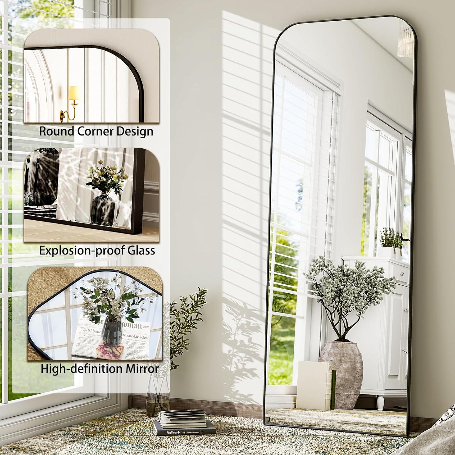 imageHARRITPURE 57quotx20quot Full Length Mirror Full Body Mirror Top Rounded Corner Aluminum Frame Hanging or Leaning Wall Floor Mirror with Stand for Living Room Bedroom CloakroomGoldBlack