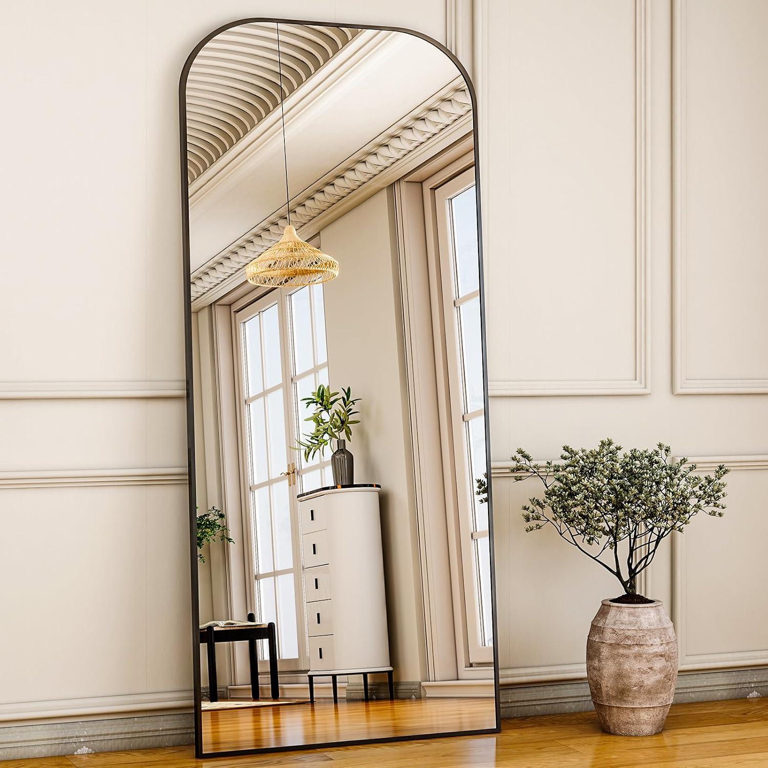 imageHARRITPURE 57quotx20quot Full Length Mirror Full Body Mirror Top Rounded Corner Aluminum Frame Hanging or Leaning Wall Floor Mirror with Stand for Living Room Bedroom CloakroomGoldBlack