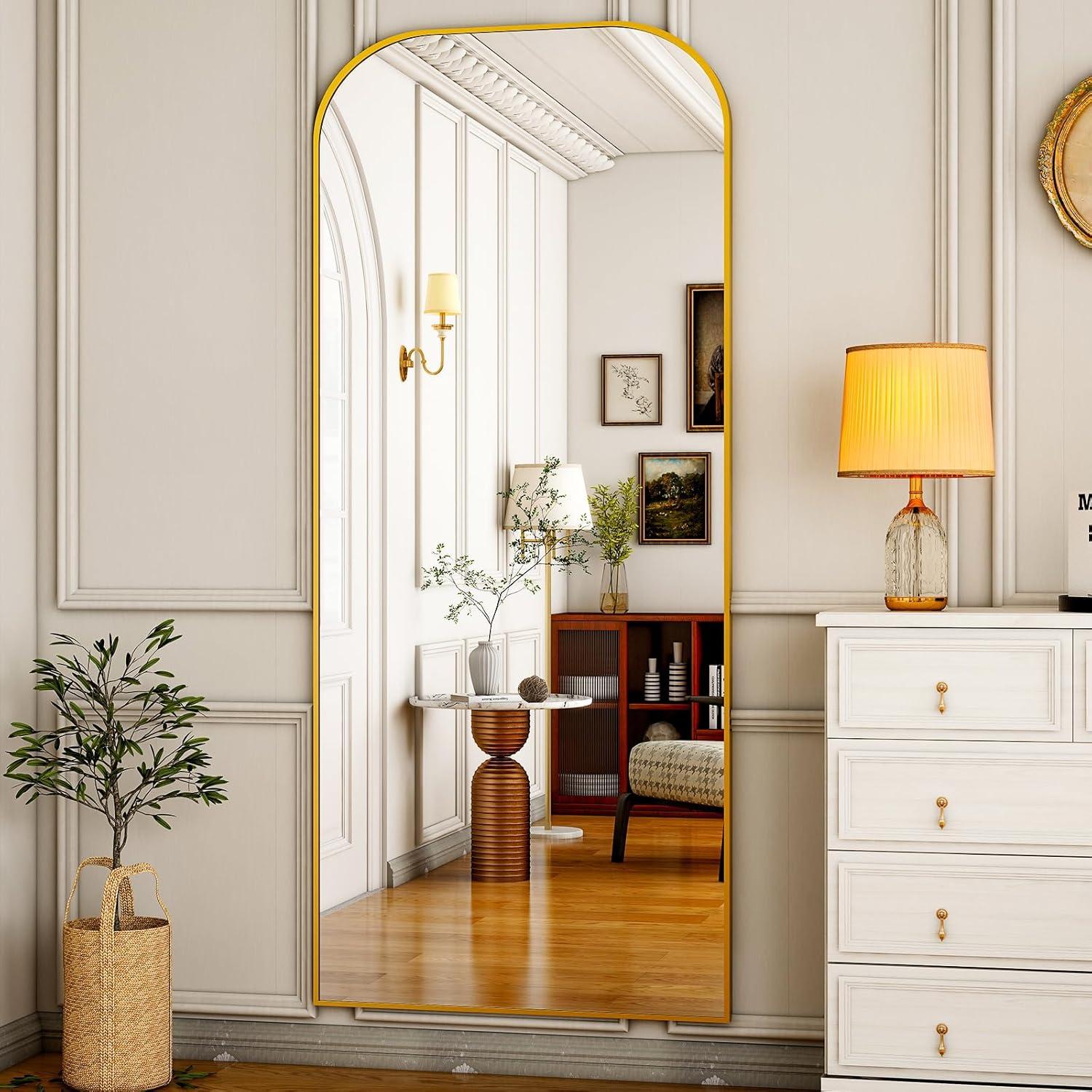 imageHARRITPURE 57quotx20quot Full Length Mirror Full Body Mirror Top Rounded Corner Aluminum Frame Hanging or Leaning Wall Floor Mirror with Stand for Living Room Bedroom CloakroomGoldGold