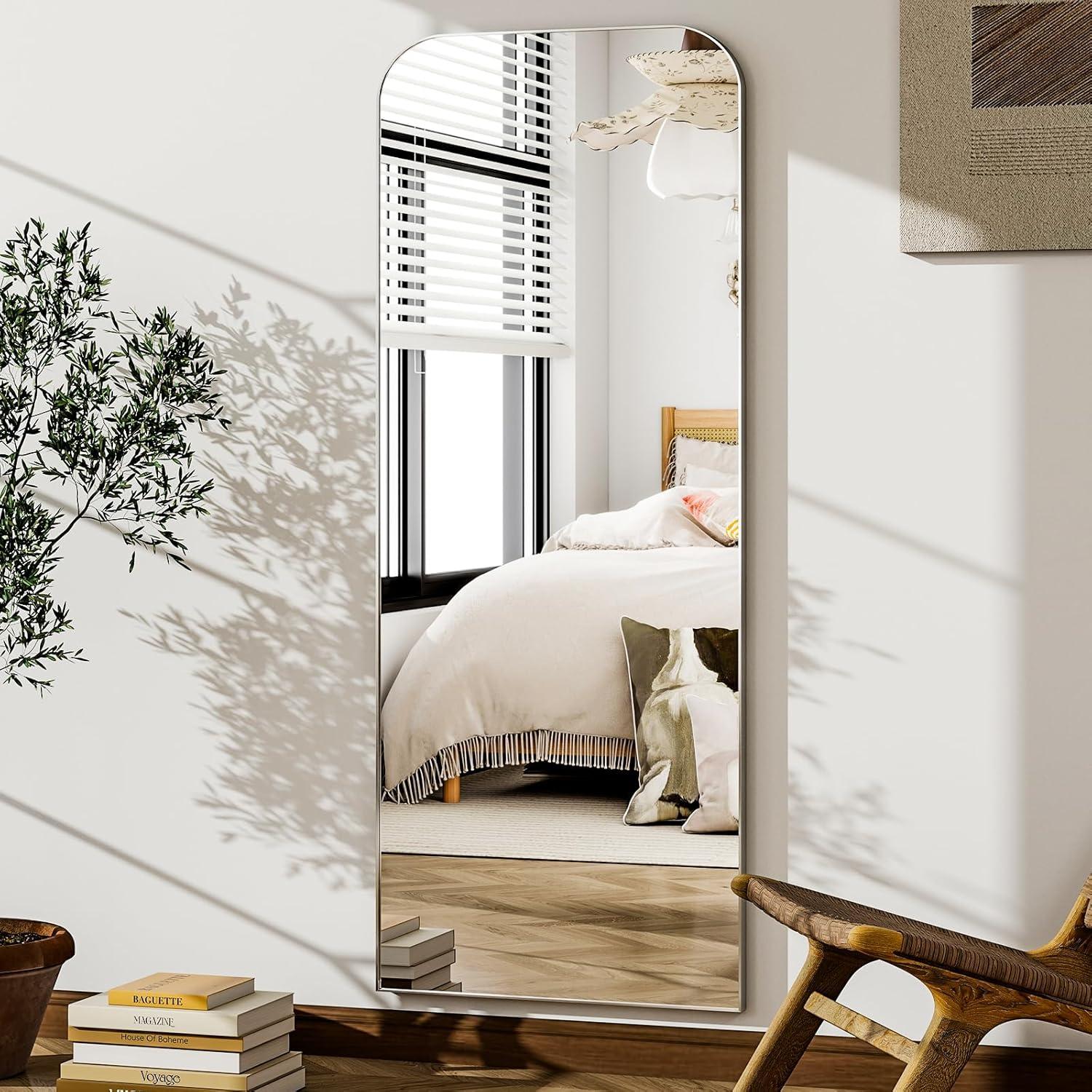 imageHARRITPURE 57quotx20quot Full Length Mirror Full Body Mirror Top Rounded Corner Aluminum Frame Hanging or Leaning Wall Floor Mirror with Stand for Living Room Bedroom CloakroomGoldSilver