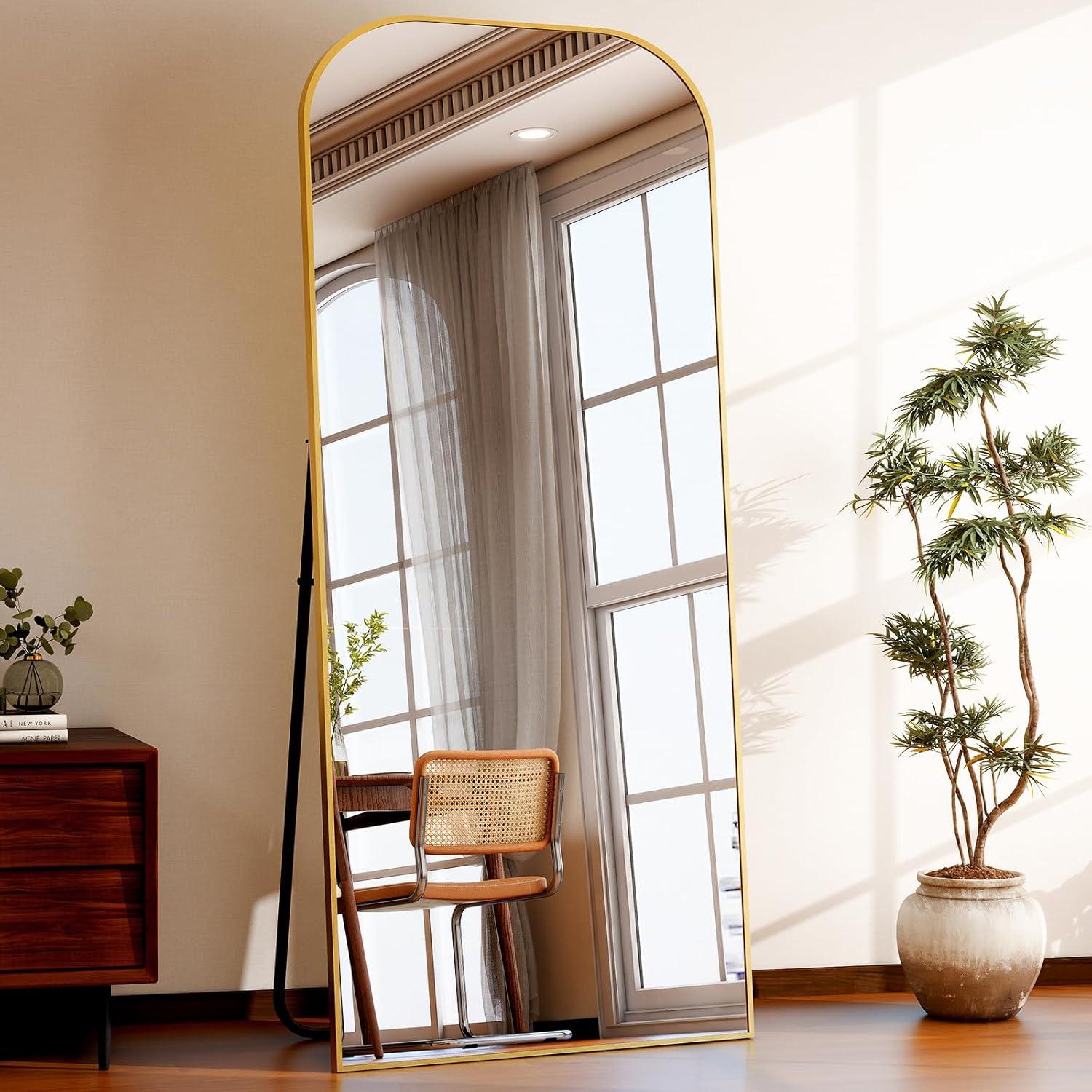 imageHARRITPURE 57quotx20quot Full Length Mirror Full Body Mirror Top Rounded Corner Aluminum Frame Hanging or Leaning Wall Floor Mirror with Stand for Living Room Bedroom CloakroomGoldGold