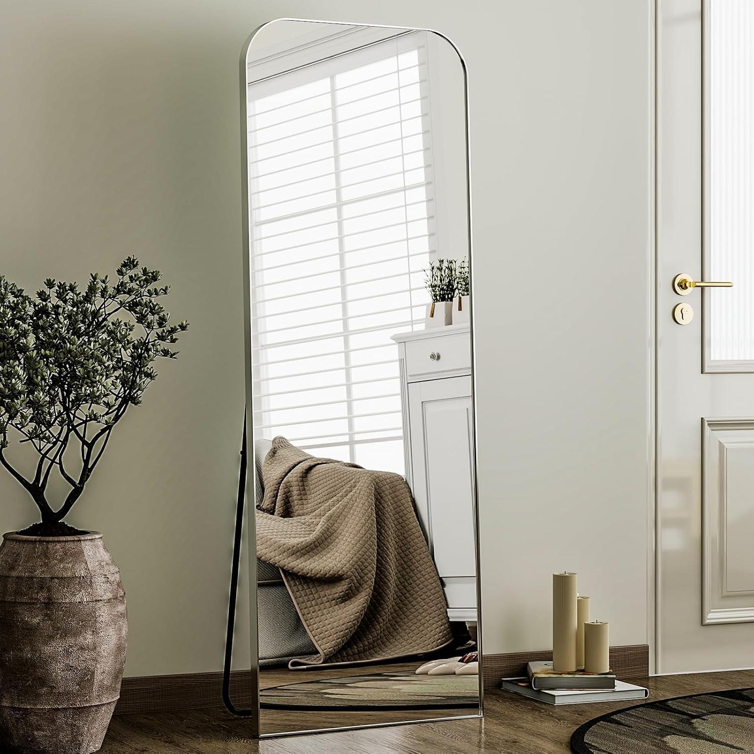 imageHARRITPURE 57quotx20quot Full Length Mirror Full Body Mirror Top Rounded Corner Aluminum Frame Hanging or Leaning Wall Floor Mirror with Stand for Living Room Bedroom CloakroomGoldSilver