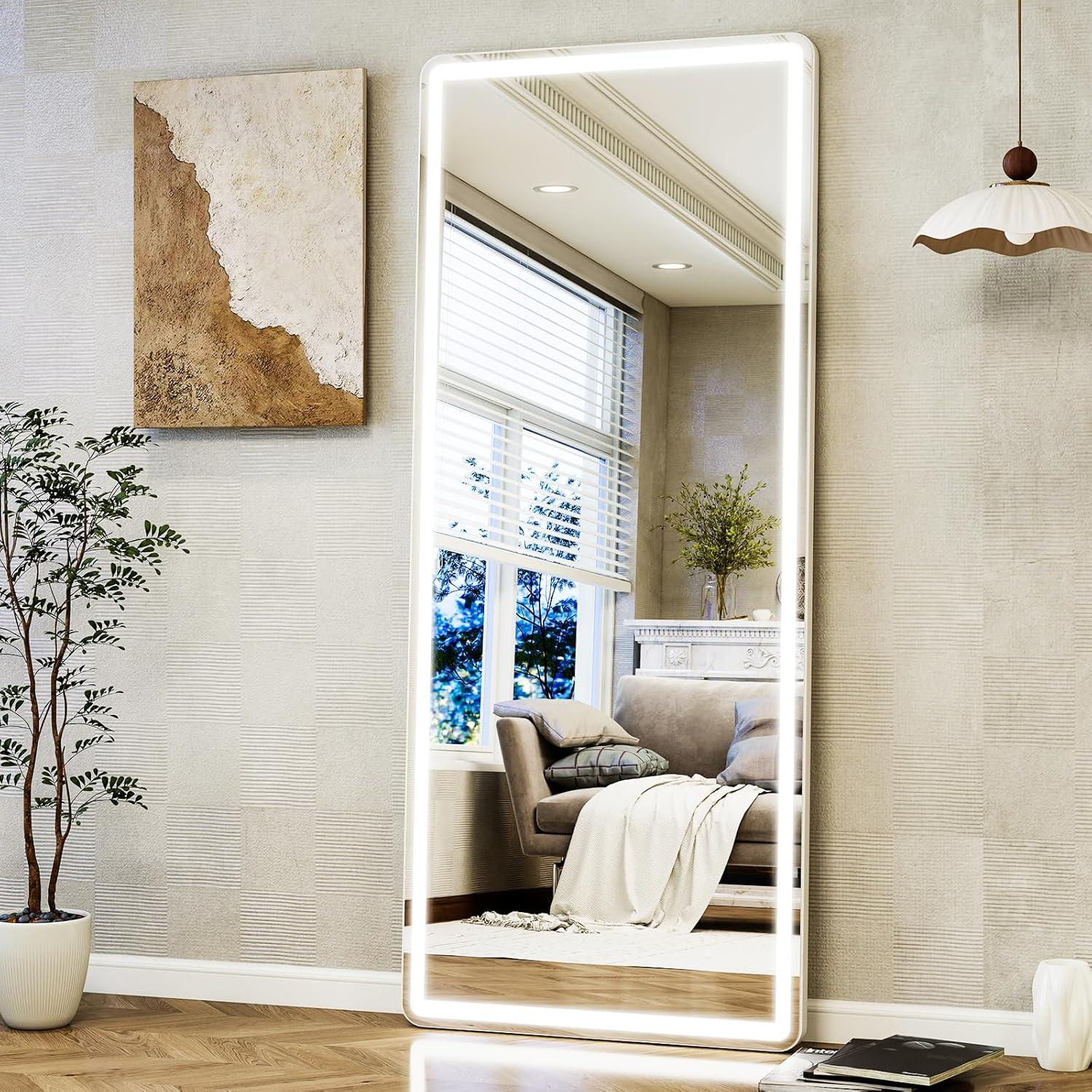 imageHARRITPURE 71x26 inch LED Full Length Mirror Lighted Floor Mirror for BedroomCloakroom Dimmable ampamp 3 Color ModesWall Mounted Long Standing Mirror with LightsWhite
