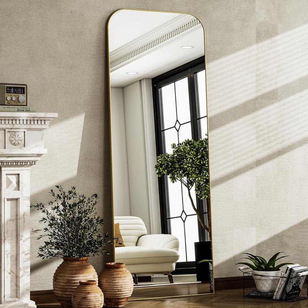 imageHARRITPURE 57quotx20quot Full Length Mirror Full Body Mirror Top Rounded Corner Aluminum Frame Hanging or Leaning Wall Floor Mirror with Stand for Living Room Bedroom CloakroomGoldGold