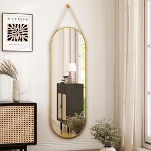 imageHARRITPURE 16quotx48quotArched Mirror with Hanging Leather Strap Full Length Mirror Aluminum Frame WallMounted Arch Mirror Hanging Mirrors for Bathroom Vanity Living Room Bedroom Entryway GoldOvalgold