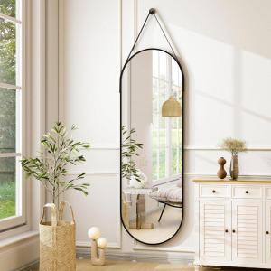 imageHARRITPURE 16quotx48quotArched Mirror with Hanging Leather Strap Full Length Mirror Aluminum Frame WallMounted Arch Mirror Hanging Mirrors for Bathroom Vanity Living Room Bedroom Entryway GoldOvalblack