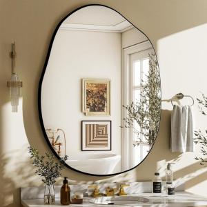imageHARRITPURE Irregular Wall Mirror 26quotx38quot Black Asymmetrical Bathroom Mirror Wood Framed Modern Decorative Vanity Mirrors for Bedroom Living Room EntrywayBlackirregular